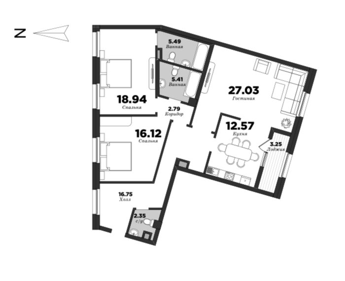 NEVA HAUS, Корпус 1, 3 спальни, 109.08 м² | планировка элитных квартир Санкт-Петербурга | М16